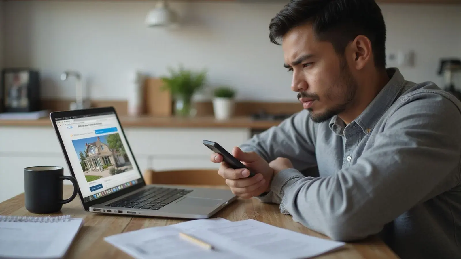 Renter looking concerned at a suspicious online rental offer on a phone
