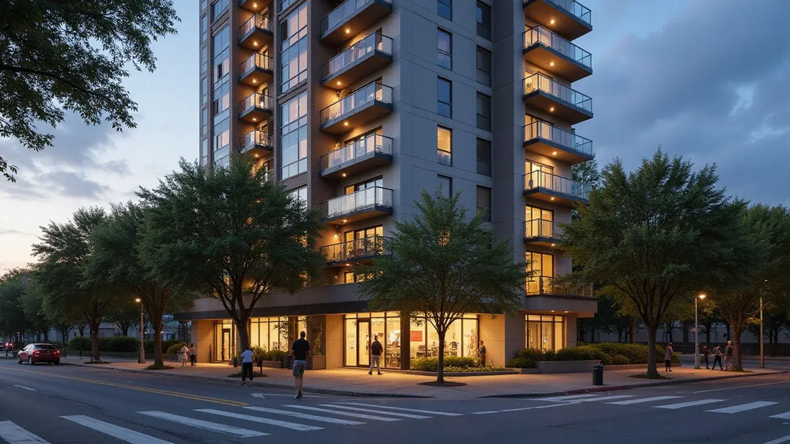 Illustration of a modern apartment tower at golden hour, seen from the street
