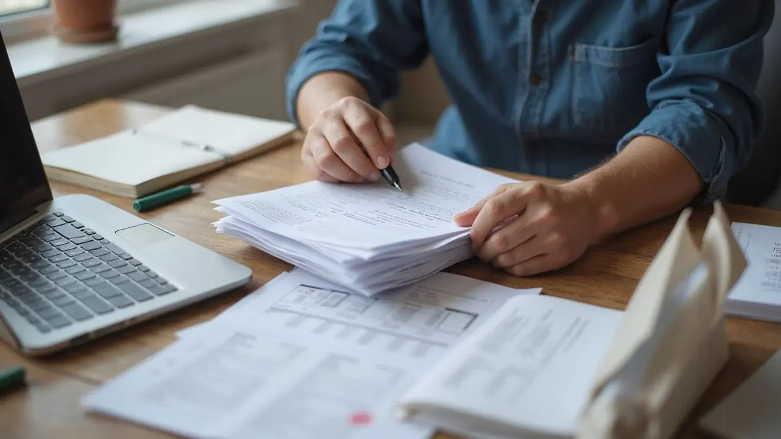 Renter organizing medical bills and paperwork at a desk