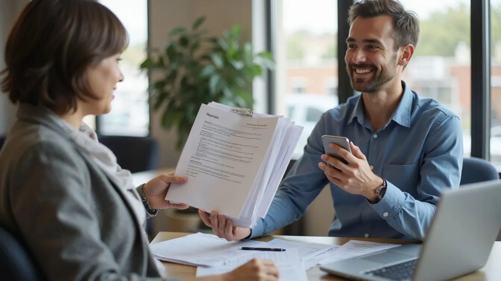 Renter handing paperwork to a leasing agent