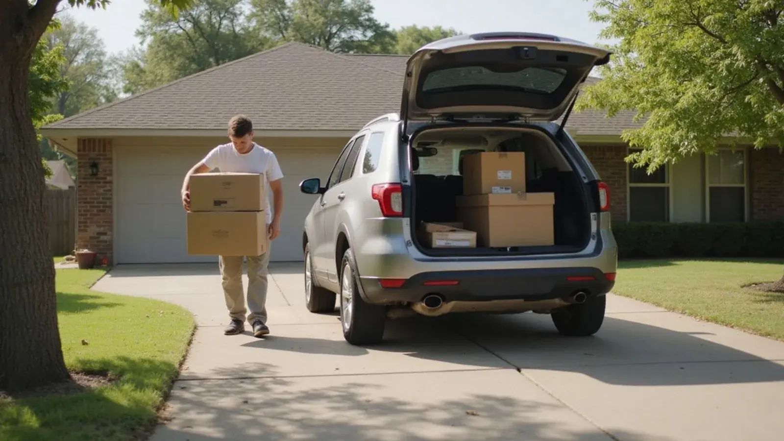Person moving boxes from a house into a rental