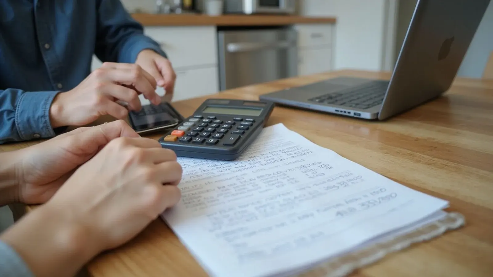 Renter adding up the cost to move in, with a calculator and notes
