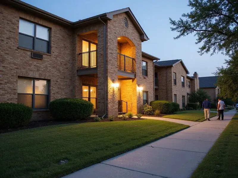 Illustration of a Fort Worth apartment building at golden hour