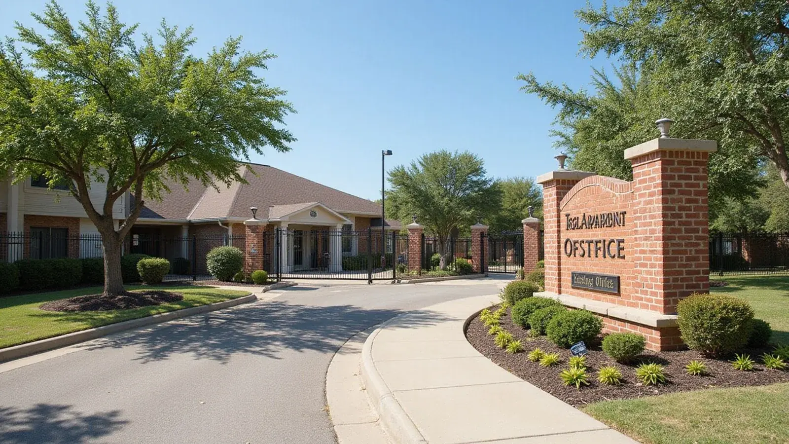 Front entrance of a midsize Texas apartment community