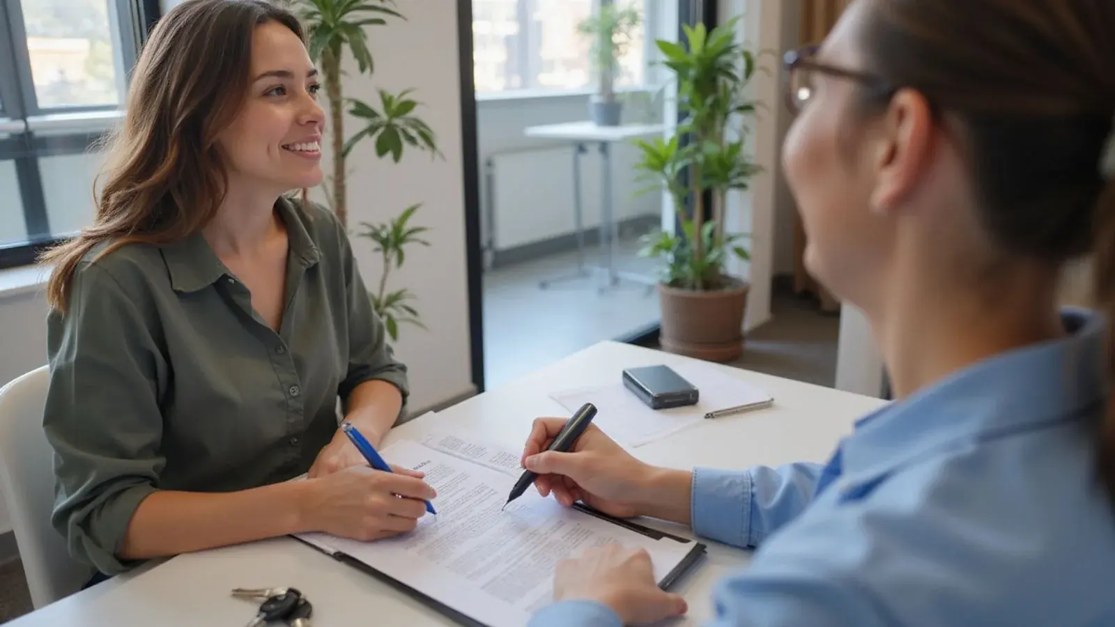 Renter signing a new lease at a leasing office