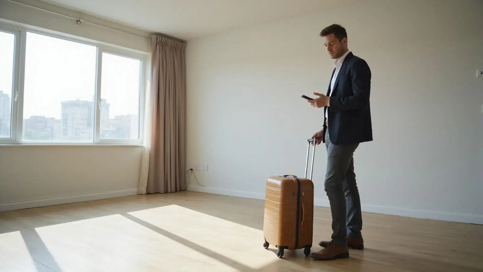 Renter with luggage viewing an apartment