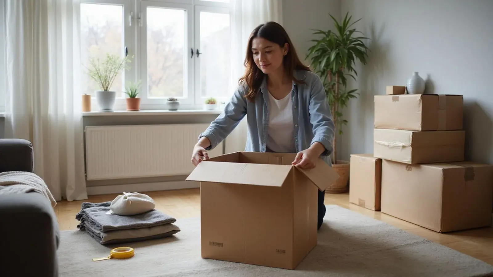 Renter packing a moving box in a living room